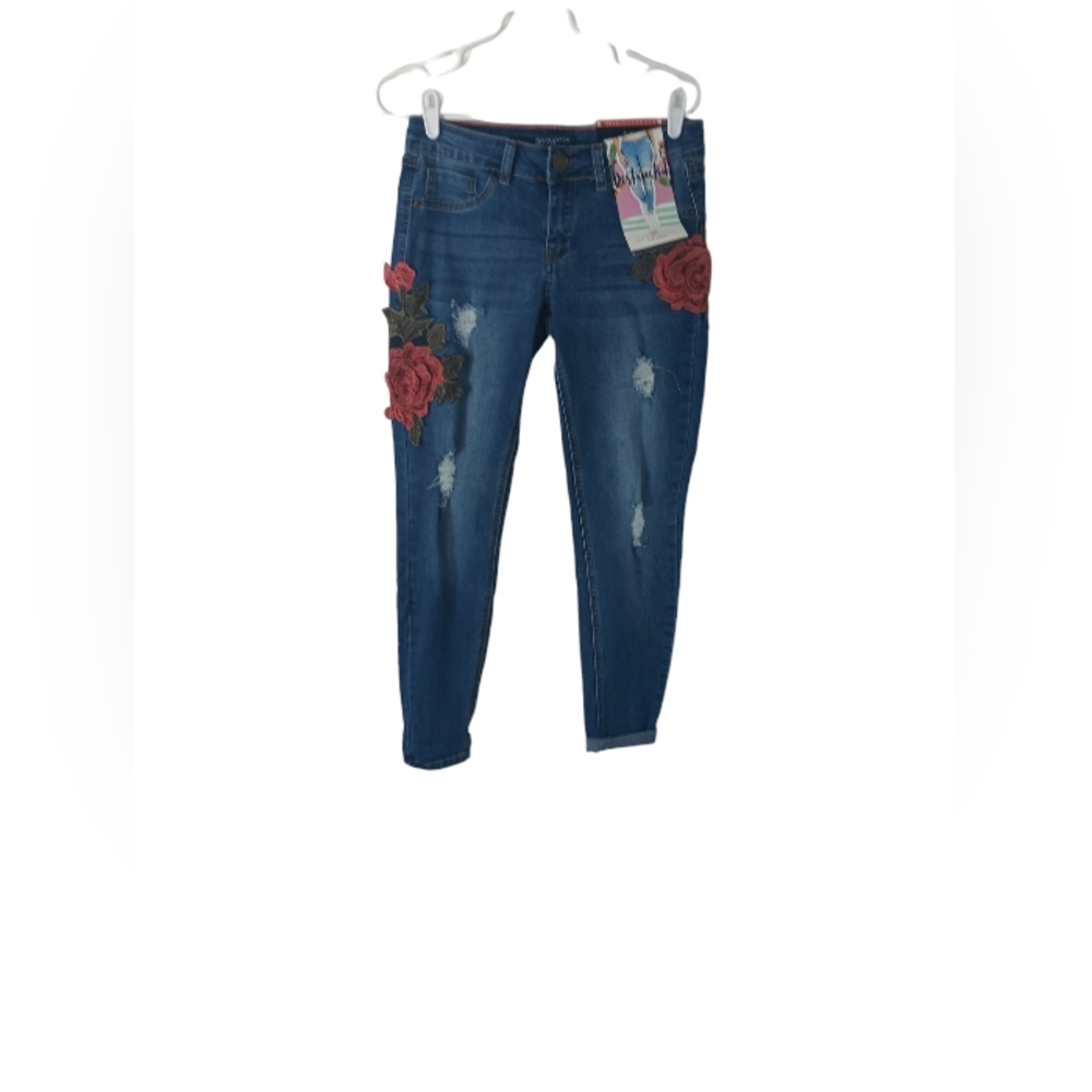 Boom Boom skinny Blue Jeans with beautiful embroidered Red rose condition is New